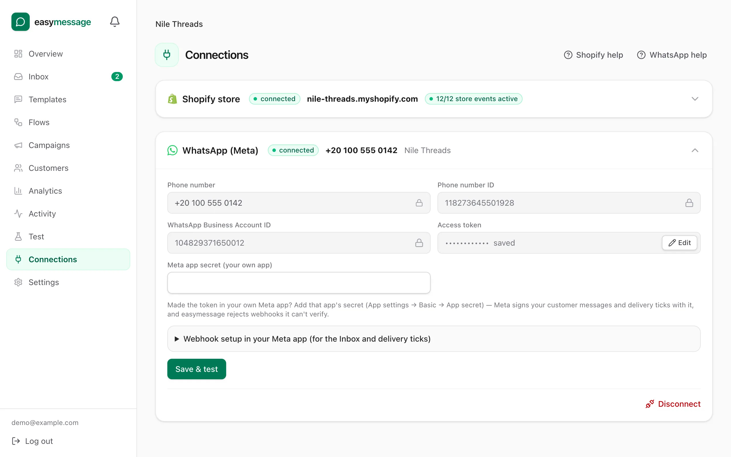 The WhatsApp card on the Connections page with phone number ID, account ID, token and app secret