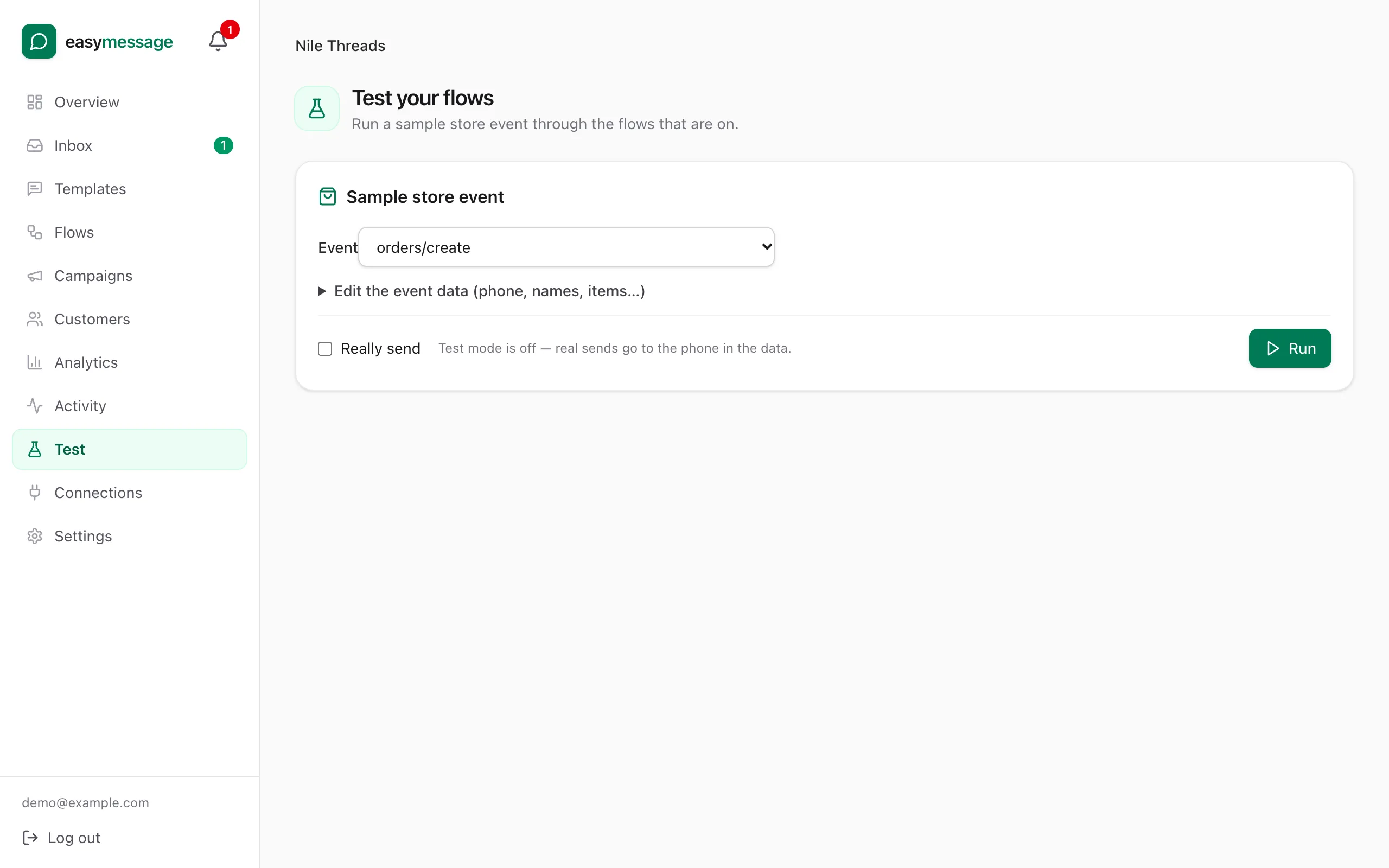 The Test page with a sample order event and the flows that reacted